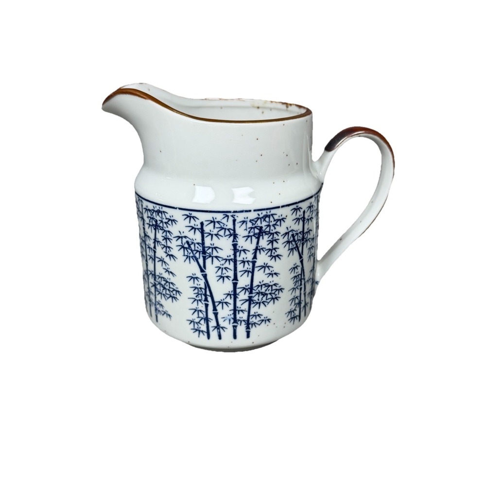 Vintage Blue & White Bamboo Stoneware Creamer Pitcher Brown Trim Japan
